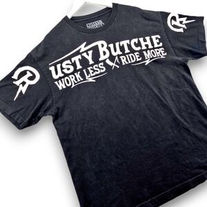 Rusty Butcher Mens XL Black Cotton Graphic T Shirt Work Less Ride More Biker Tee